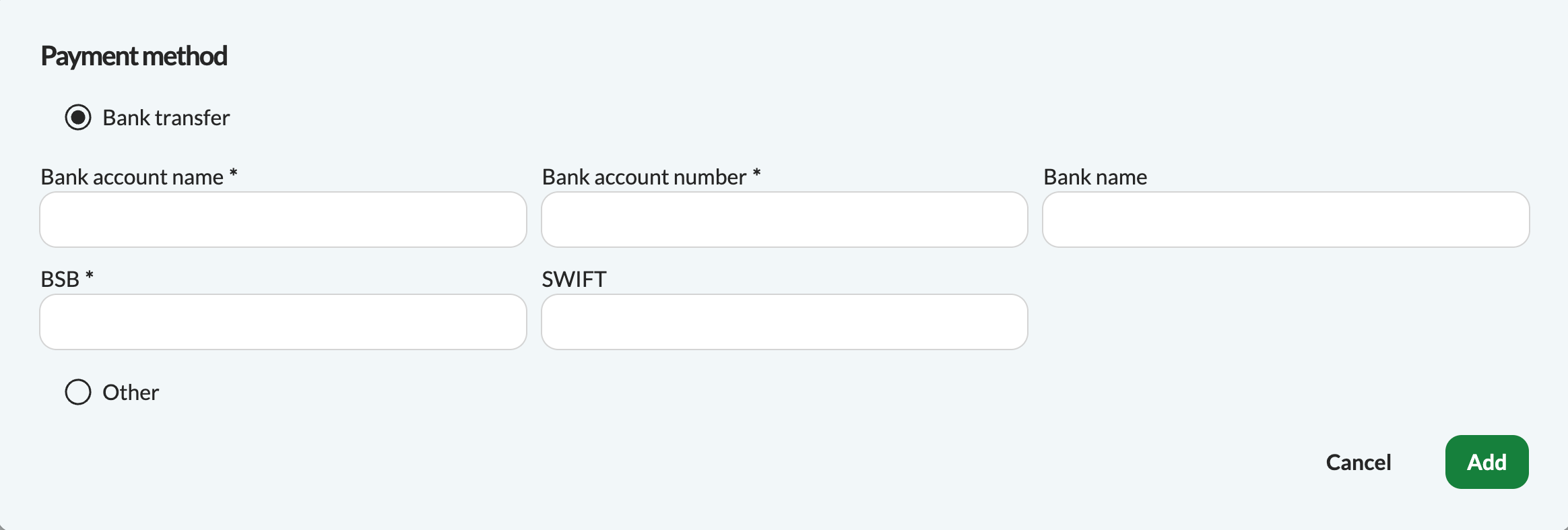 Fields showing bank account name, bank account number, bank name, bank code, IBAN and SWIFT