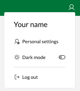 The personal settings menu in Conta, where you can go to personal settings, enable dark mode or log out.