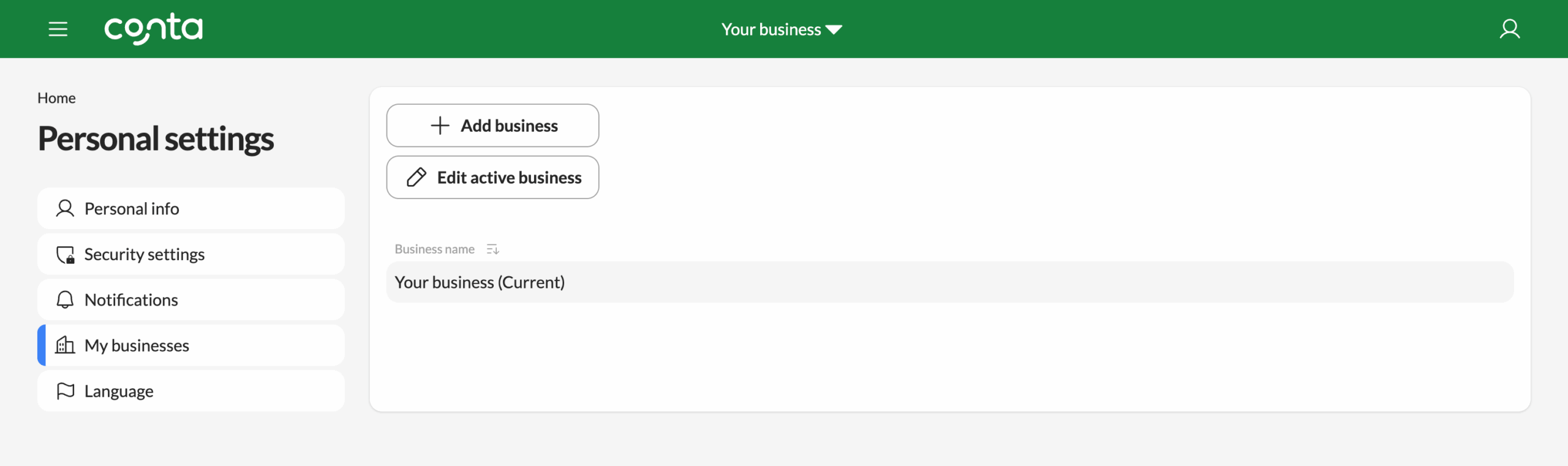 The personal settings-page, where you can switch business, add new business or edit your business details