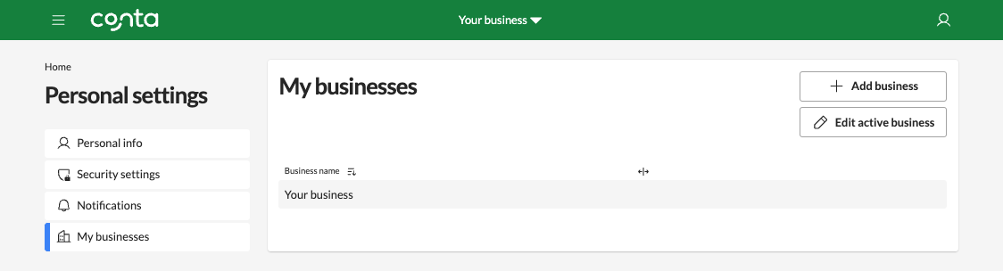 The personal settings-page, where you can switch business, add new business or edit your business details