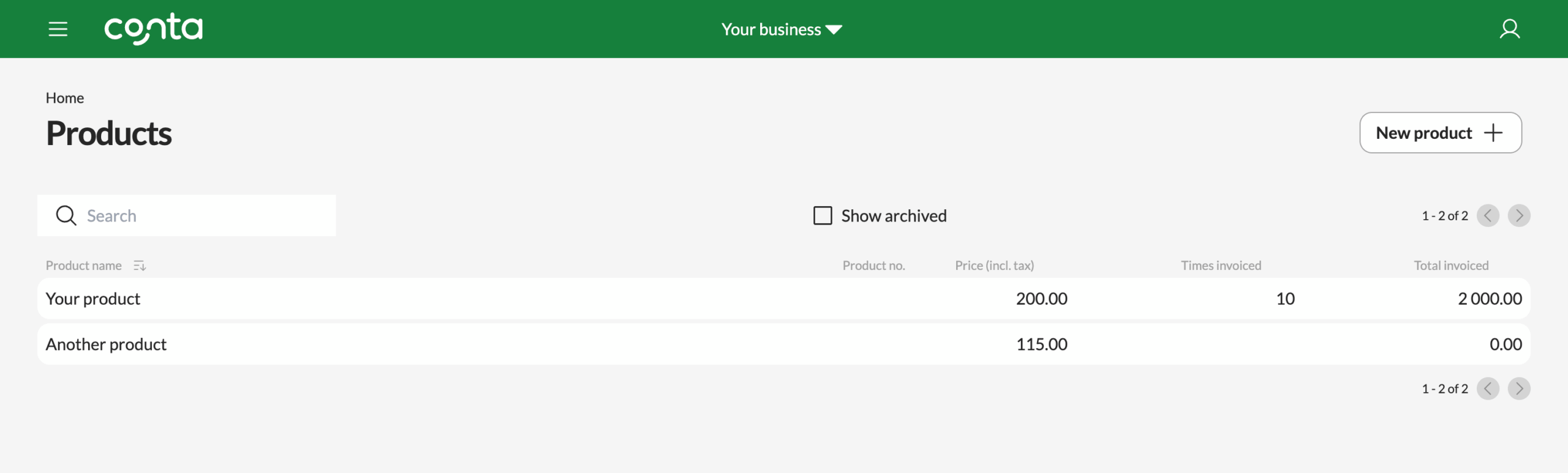 The product catalog where you can see a list of all your products