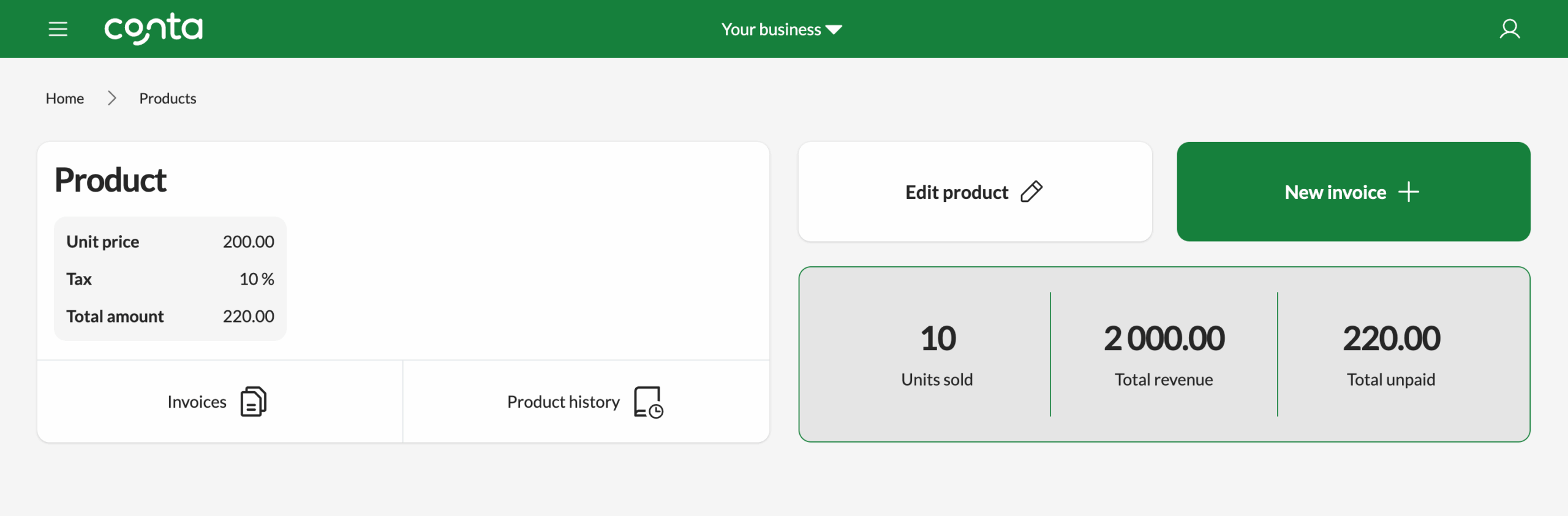 The product view in Conta, showing a specific product and its details
