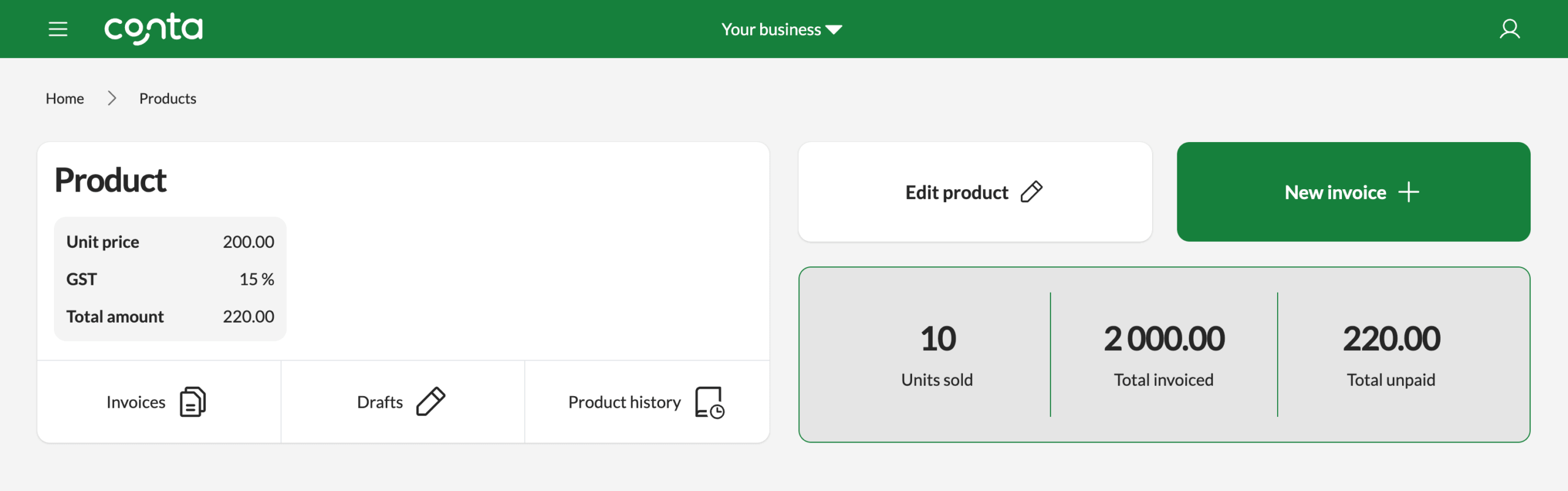 The product view in Conta, showing a specific product and its details