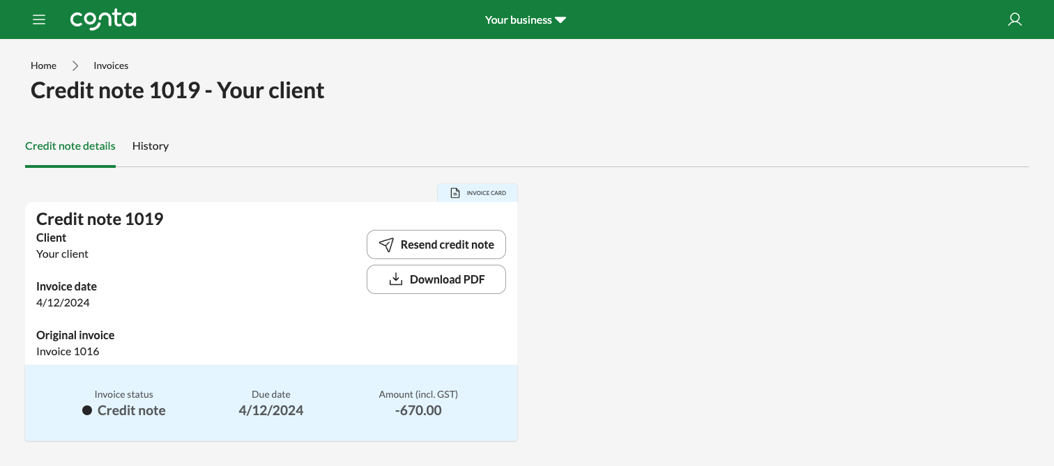 The credit note overview, where you can resend the credit note or download as a PDF