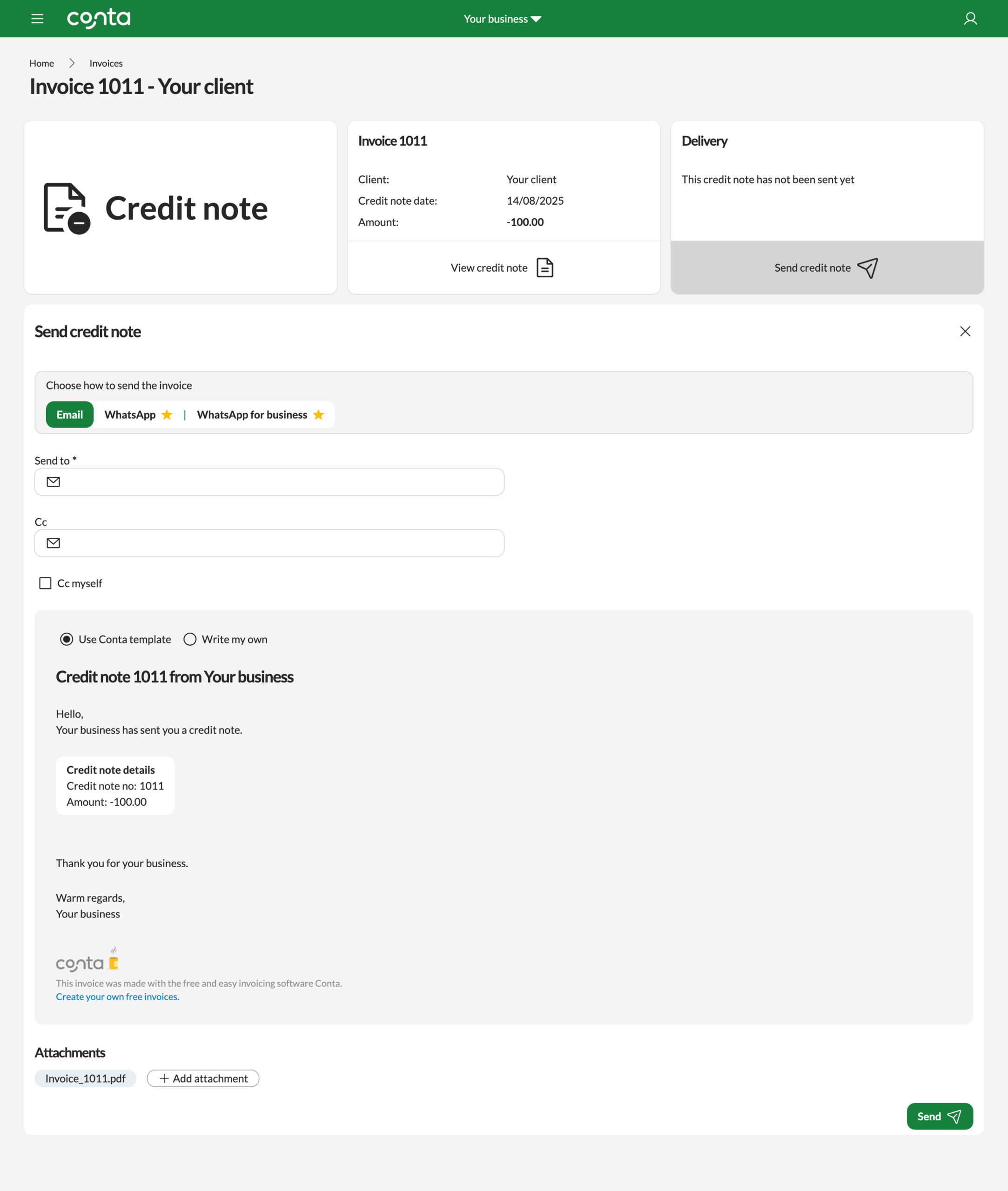 The send credit note page