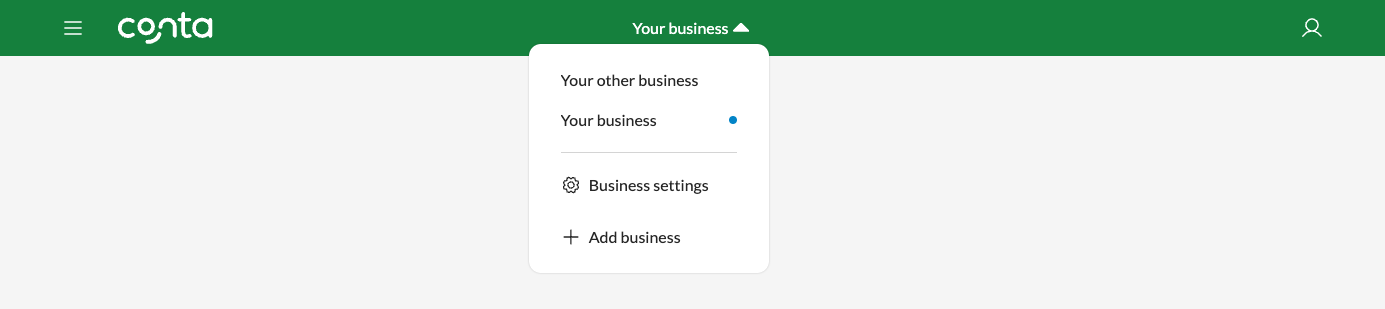 The business menu in Conta, where you can see your businesses, go to business settings or add a new business