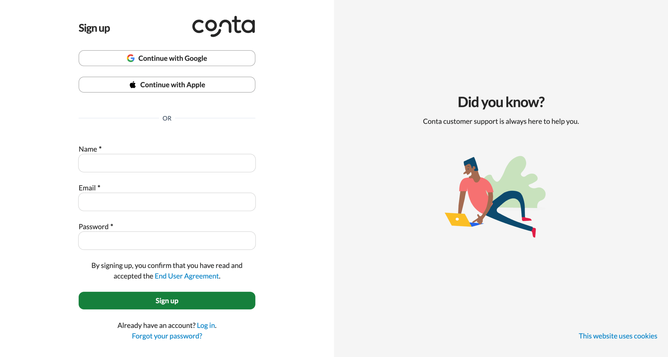 The sign up page in Conta, where you create your account or log in with Google