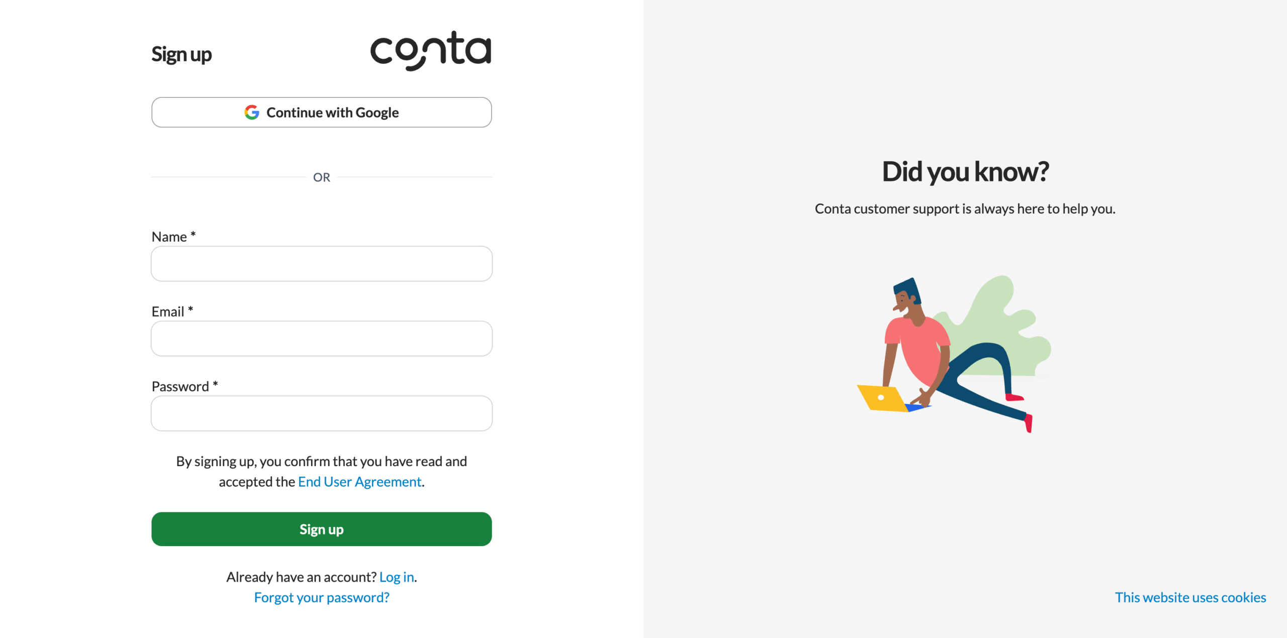 The sign up page in Conta, where you create your account or log in with Google