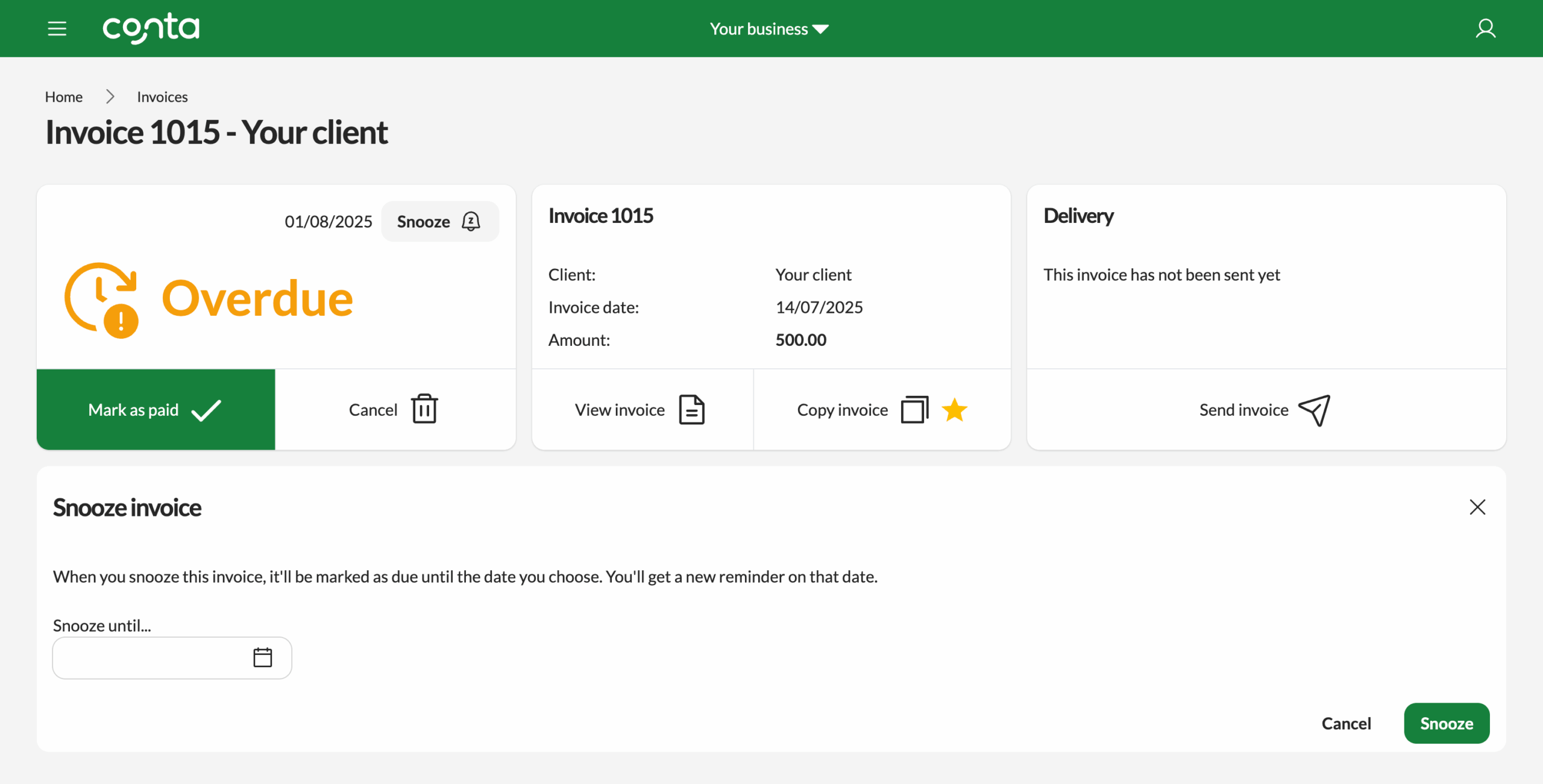 The snooze invoice buton