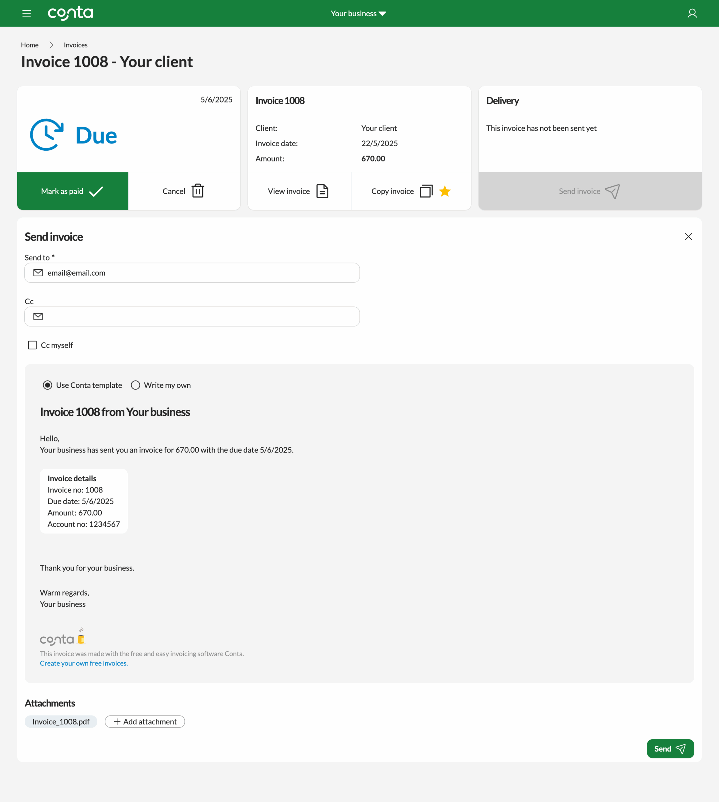 Sending an invoice with Conta