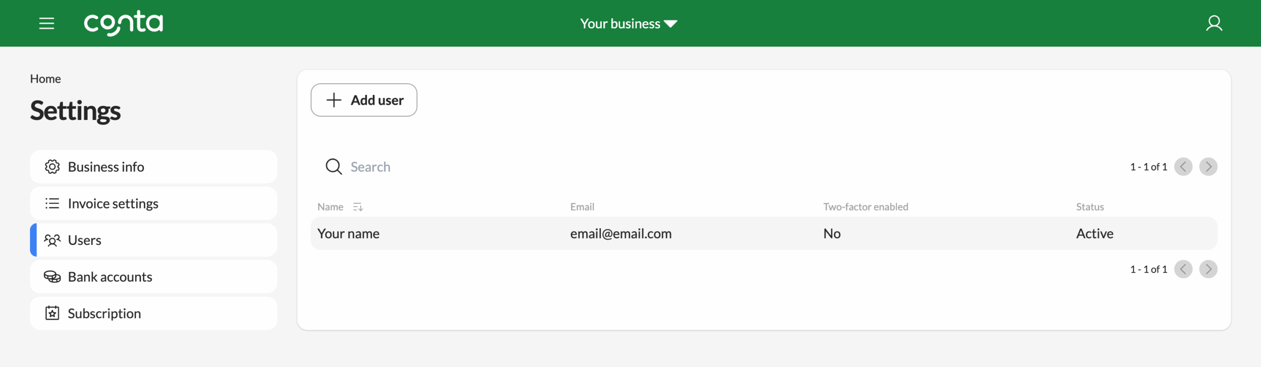 The business settings-page, where you can add more users to your business or remove users