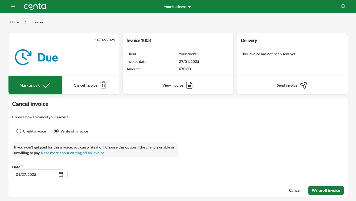 The invoice view in Conta, where you can write off an invoice.