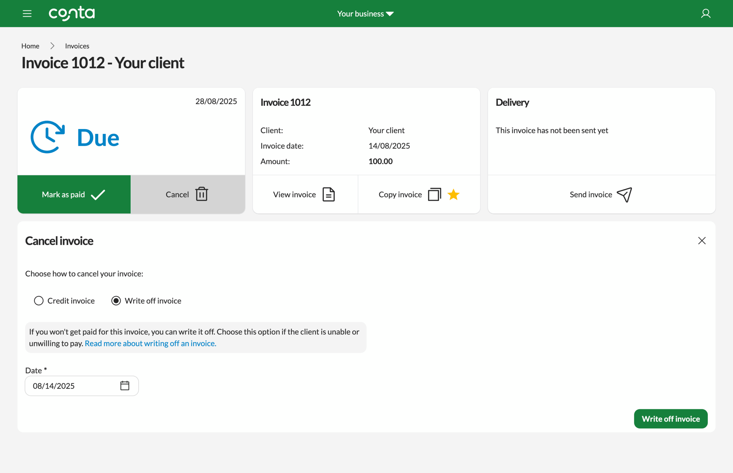 The invoice page in Conta where you can write off an invoice