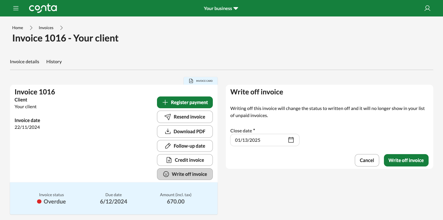 The invoice view in Conta, where you can write off an invoice.