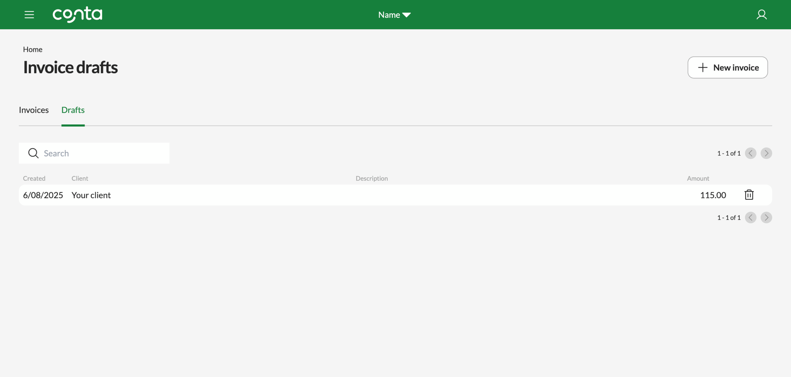 The drafts page, where you can see your invoice drafts and click on them to continue creating them—or click on the trash icon to delete them.