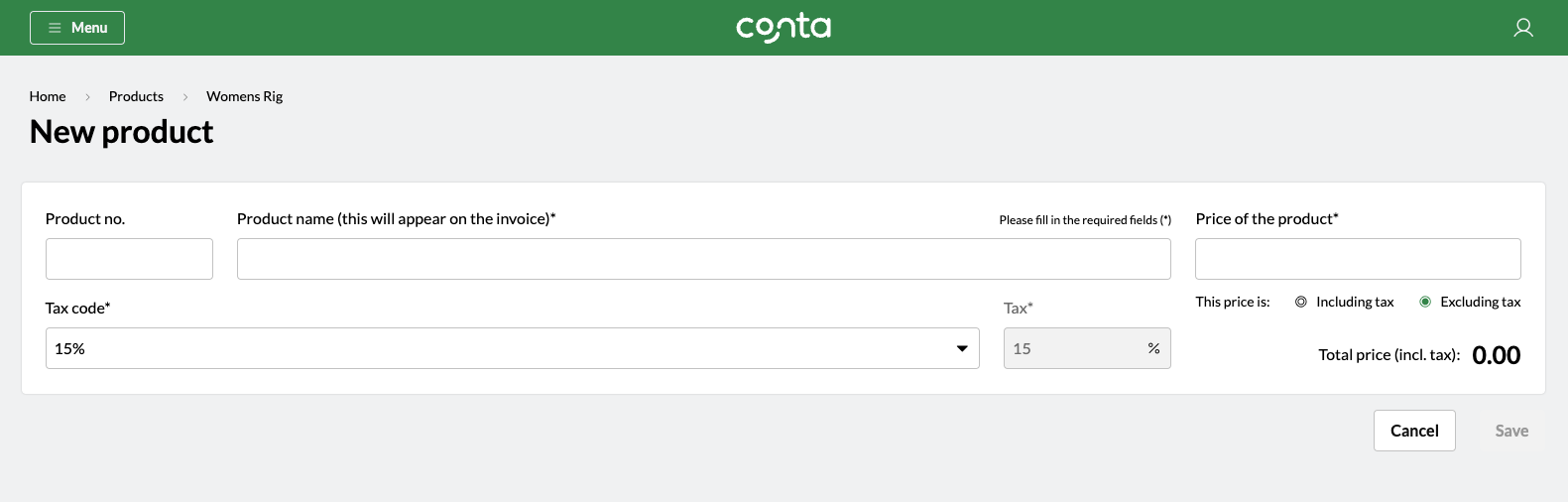 The new product-page, where you can enter product details and save them to Conta