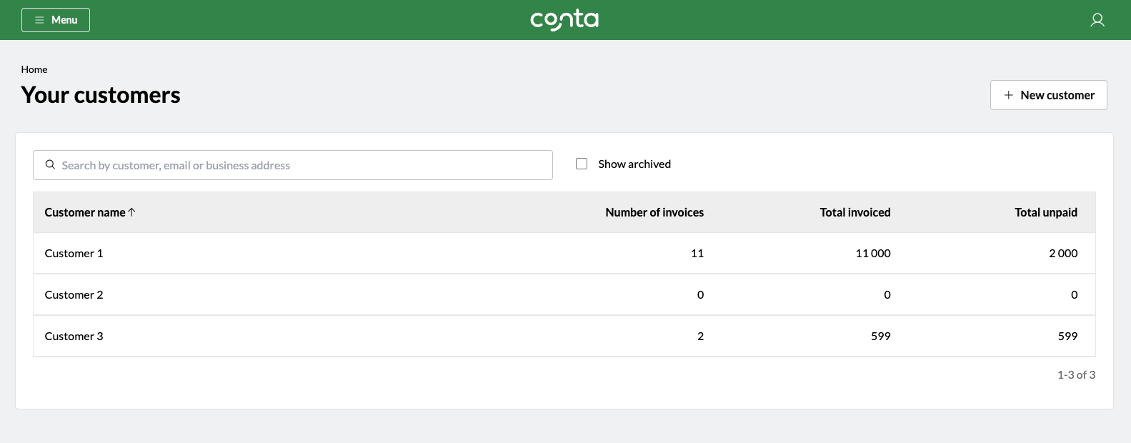 The customer register in Conta, showing all your customers and their information