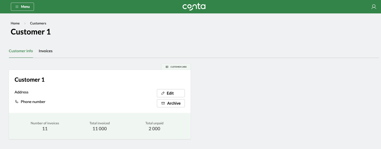 The customer view in Conta, showing a specific customer and the information you've added