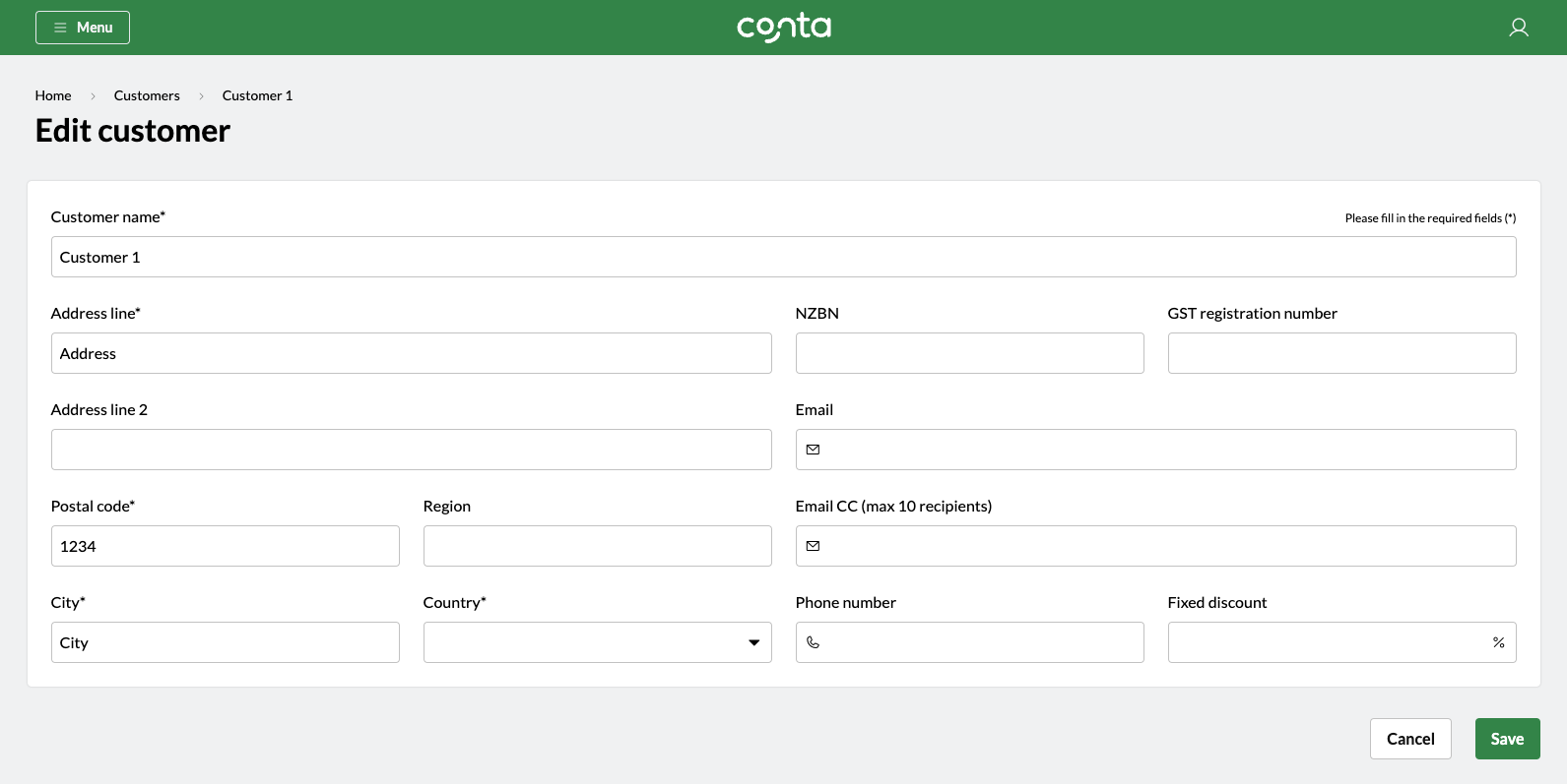 The edit customer-page in Conta, where you can see and edit customer information 