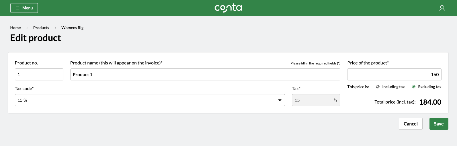 The edit product-page in Conta, where you can edit product details and save it to Conta