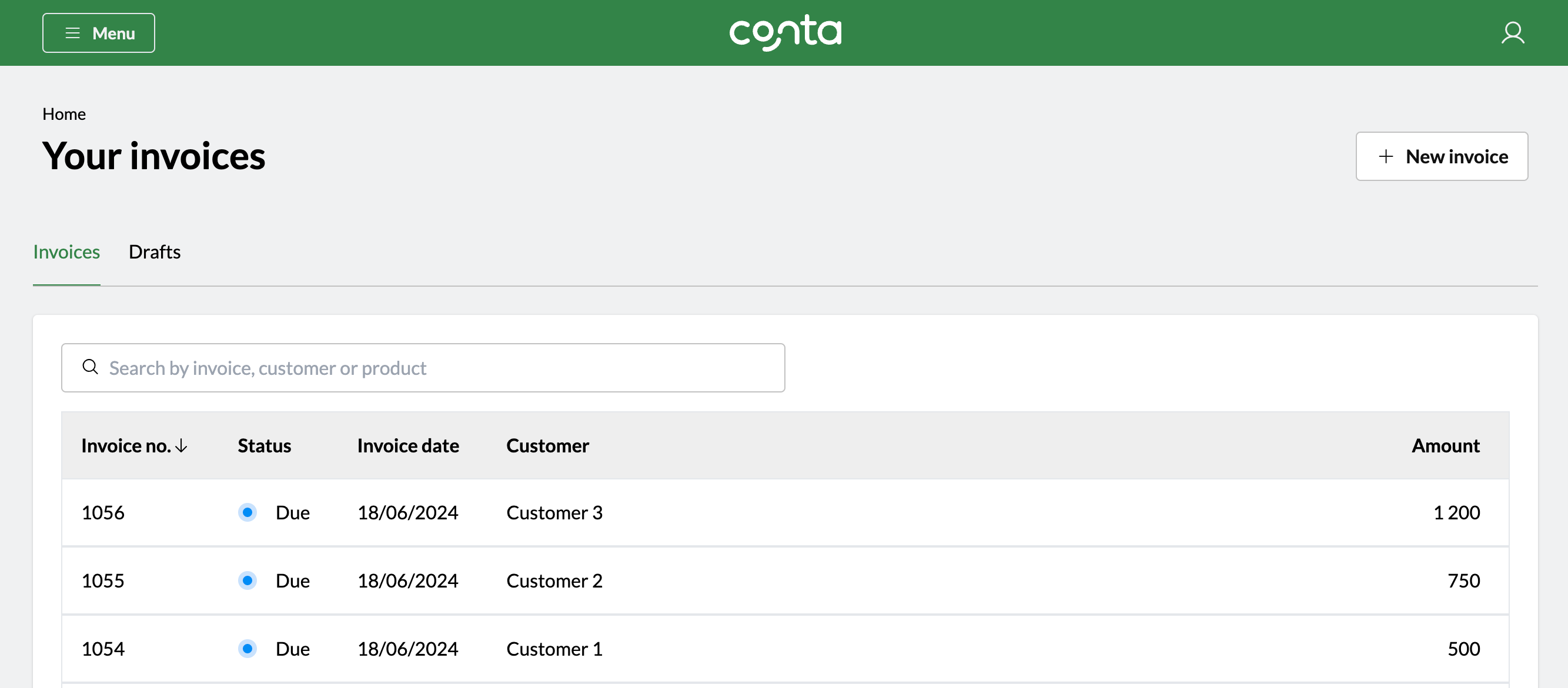 The invoice overview in Conta, showing all your invoices, their details and their status