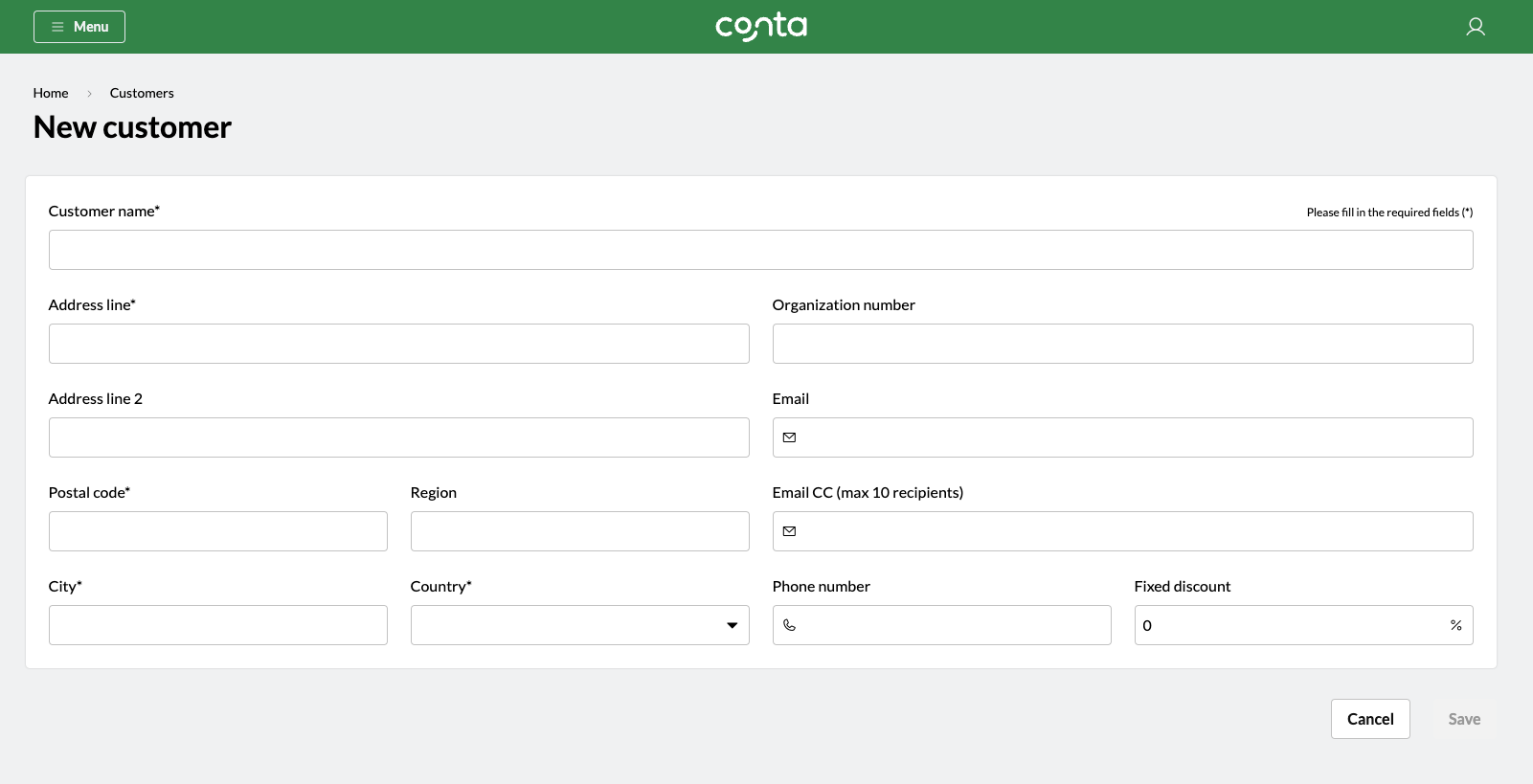 The new-customer page in Conta, where you can add customer information and save it to Conta
