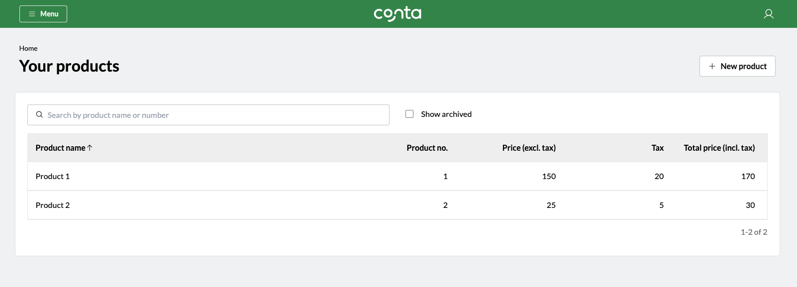 The product catalog in Conta, showing all your products and their details