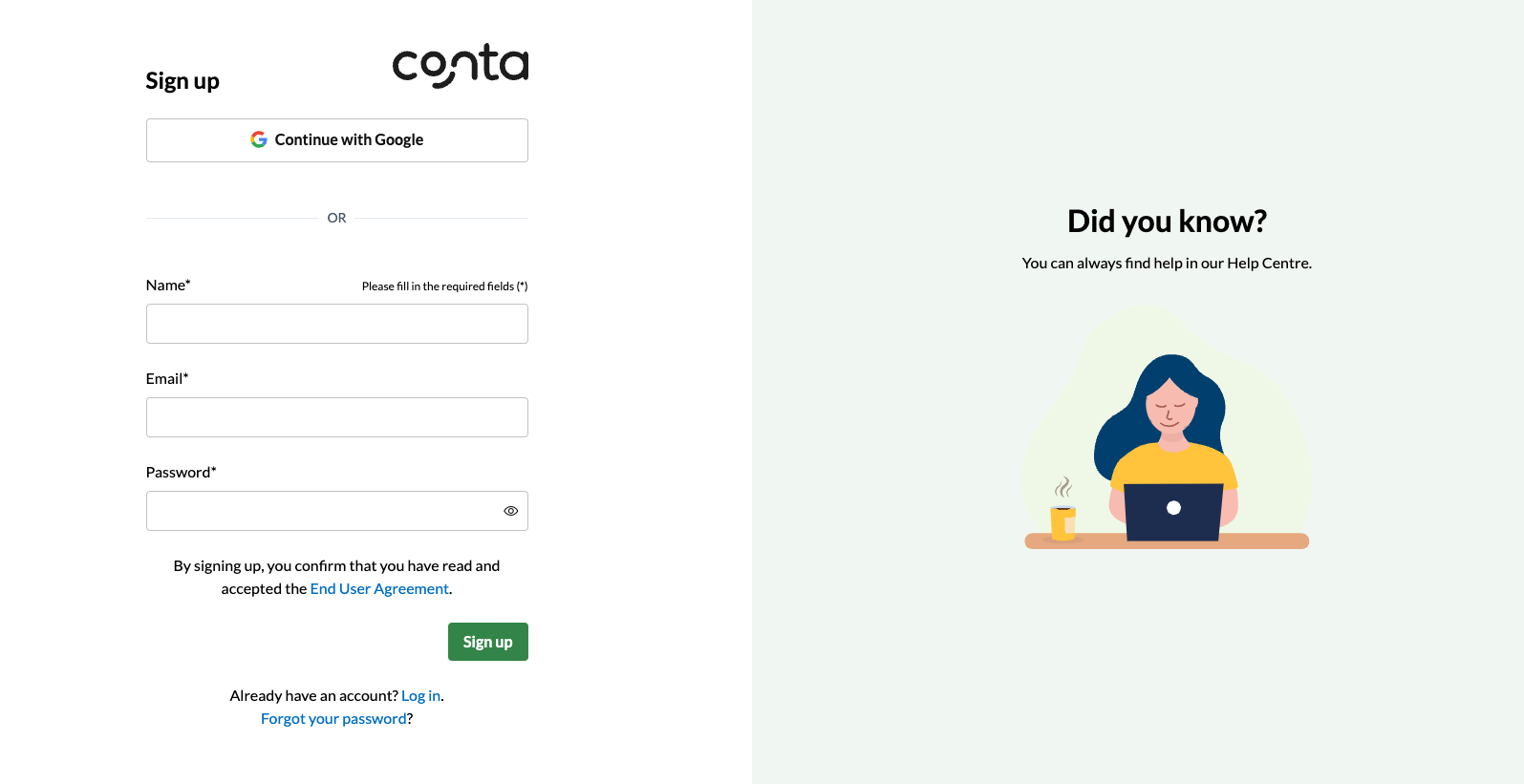 The sign up page in Conta, where you create your account or log in with Google