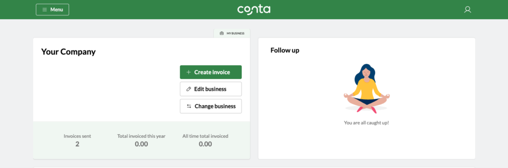 The homepage in Conta showing company information, statistics for your company and invoices that you need to follow up on.
