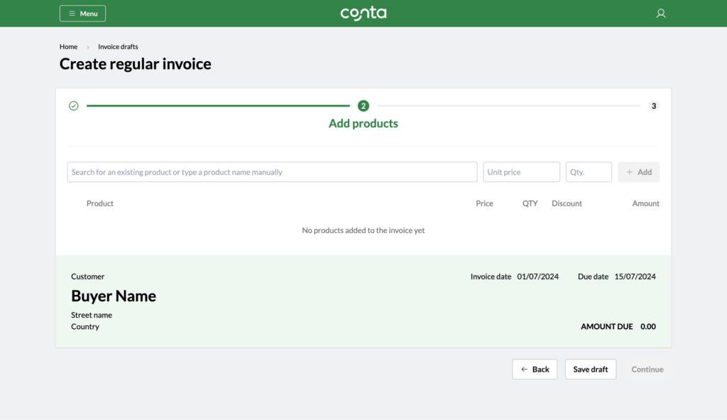 The invoice creator in Conta, where you add products to your invoice