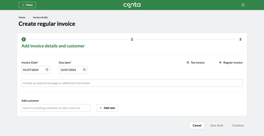 The invoice creator in Conta, where you add a customer to your invoice