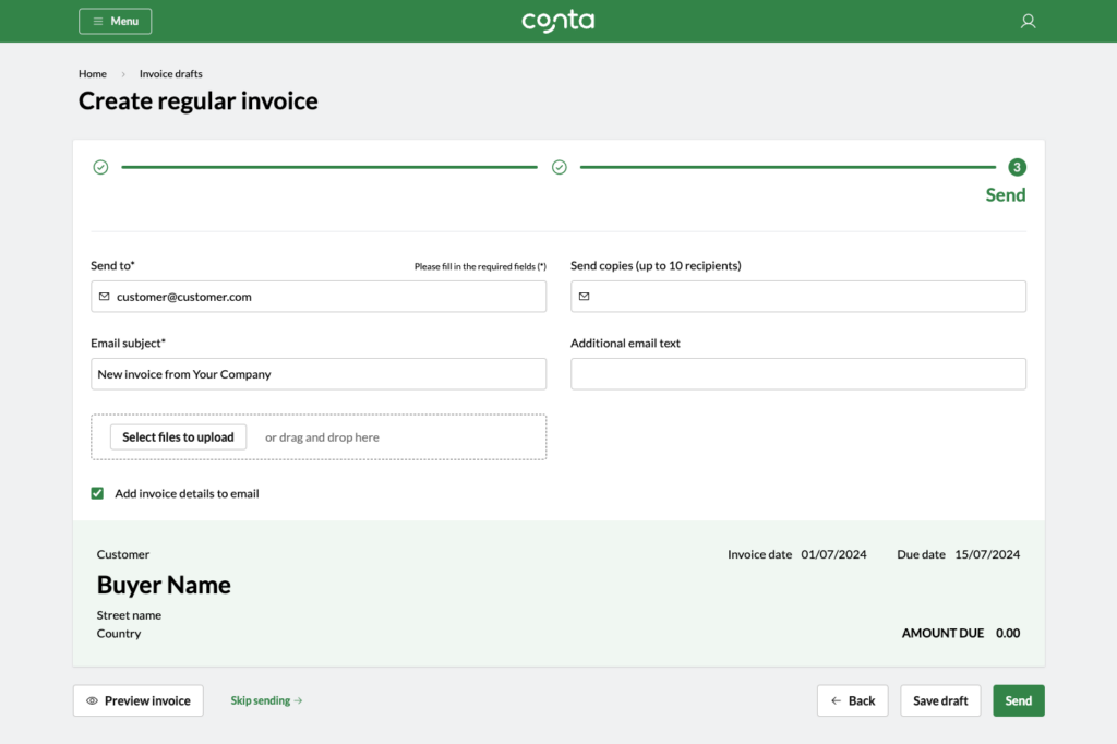 The invoice creator in Conta, where you choose how to send your invoice