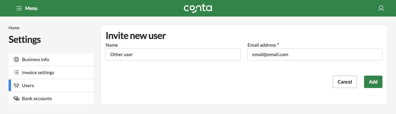 The invite new user-page in Conta, where you enter a name and email address to invite someone else to manage your business.