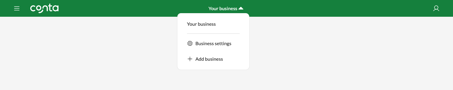 The business menu, where you can switch between businesses, add businesses or go to business settings