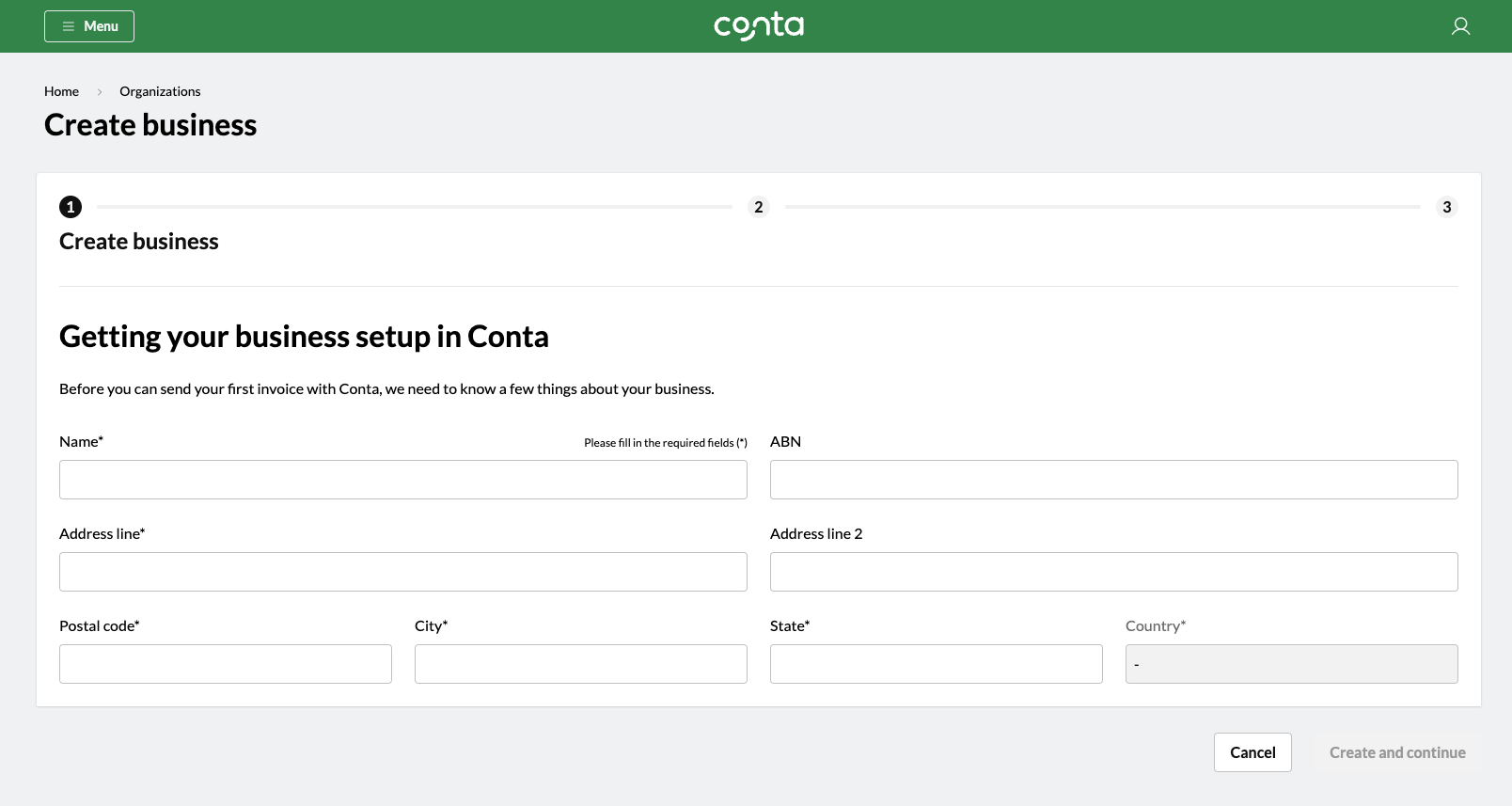 The business set-up in Conta, where you can add your business details. These will appear on your invoices.