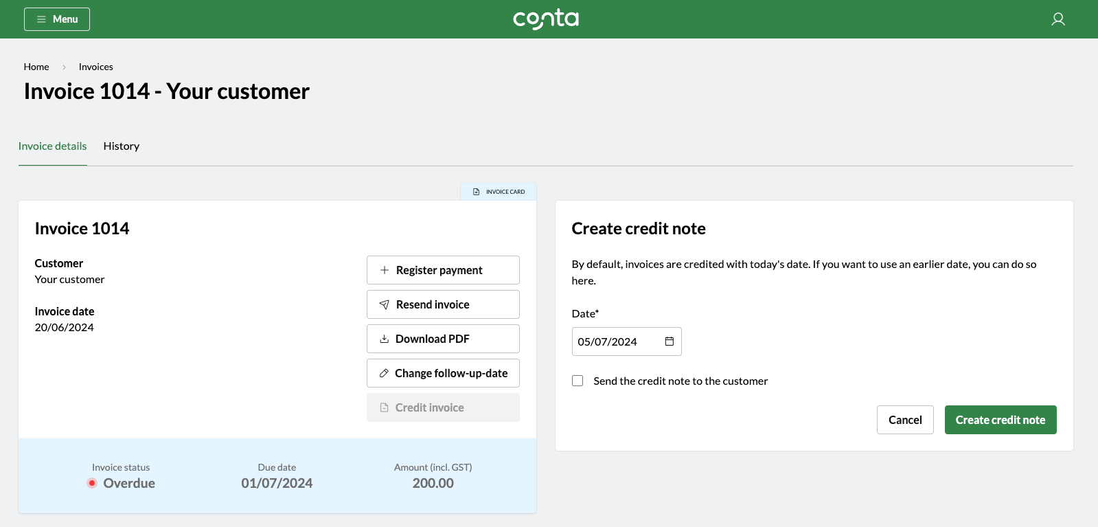 The invoice view in Conta, where you can create a credit note.