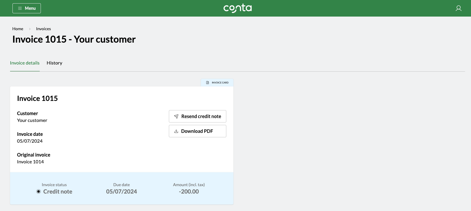The credit note view in Conta, where you can resend the credit note or download a PDF.