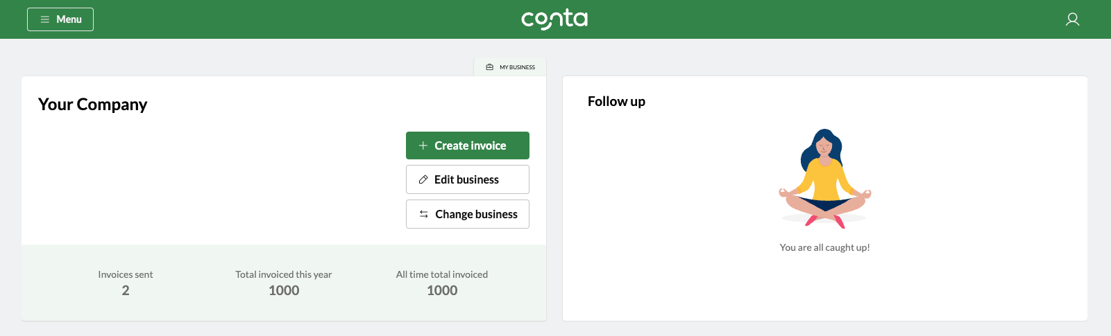 The homepage in Conta showing company information, statistics for your company and invoices that you need to follow up on.