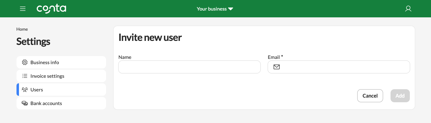 The invite new user-page in Conta, where you enter a name and email address to invite someone else to manage your business.