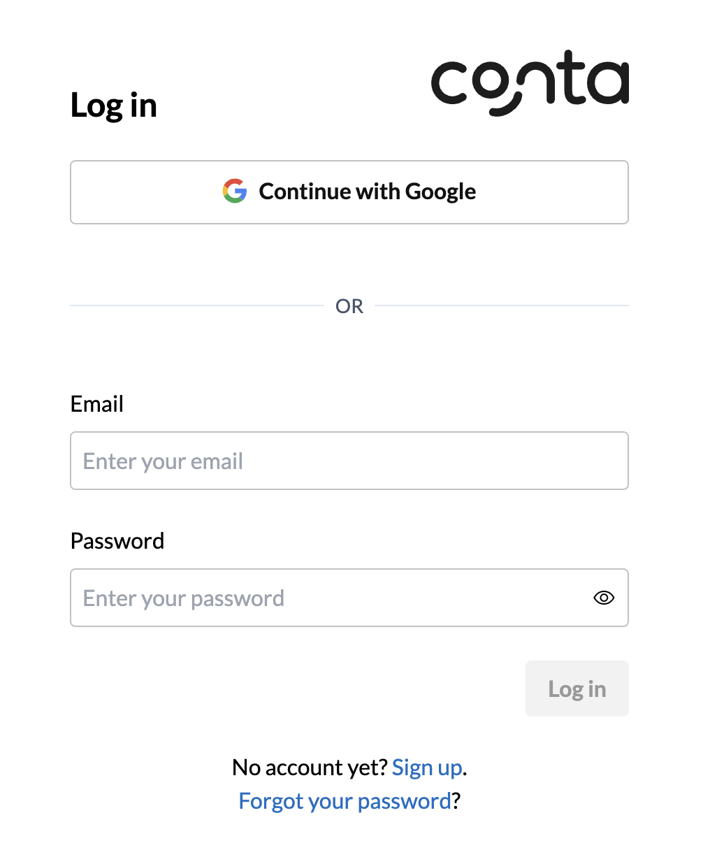 The Conta login page, where you can continue with Google, or enter your email or password. There is also a link to register or to reset password.