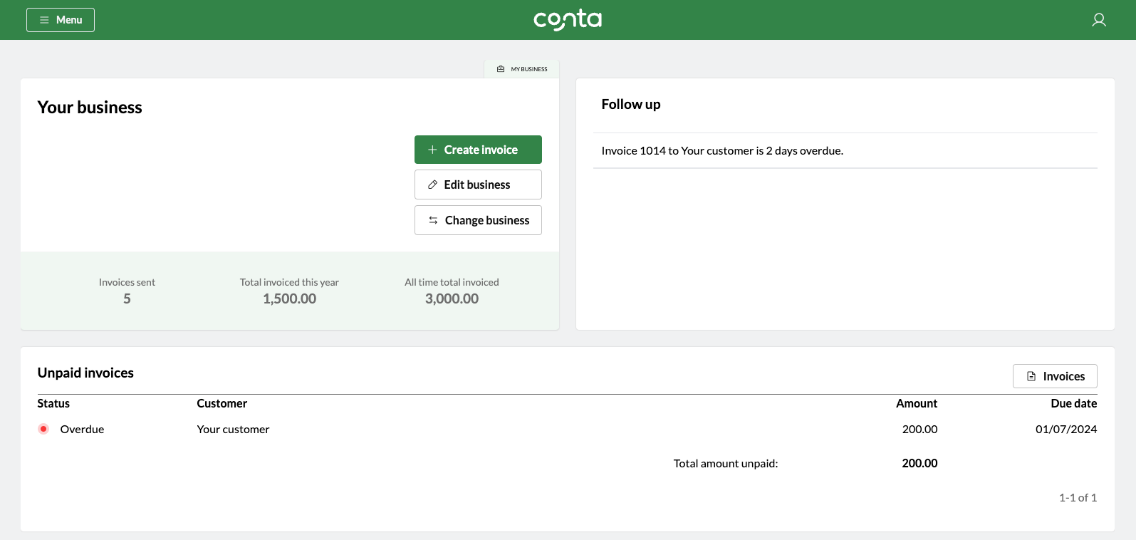 The Conta homepage showing an overdue invoice
