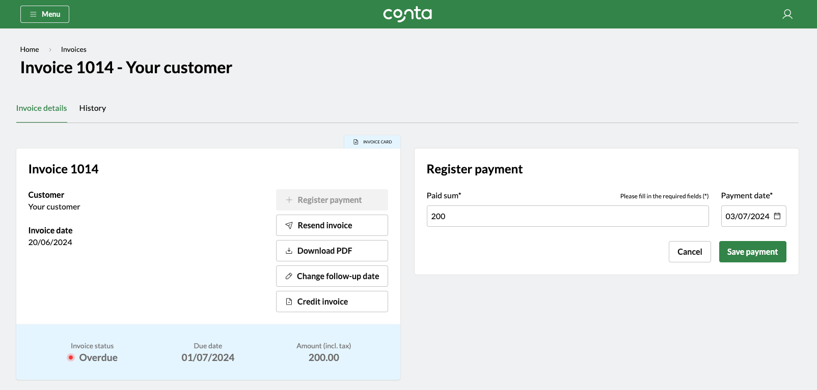 The invoice overview in Conta, where you can register payment, resend invoice, download PDF, change follow-up date and credit invoice