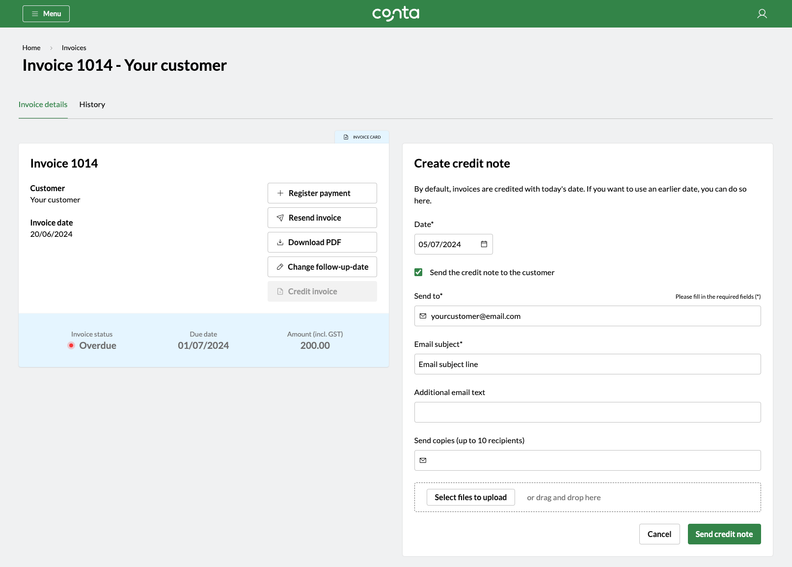 The invoice view in Conta, where you can create and send a credit note.