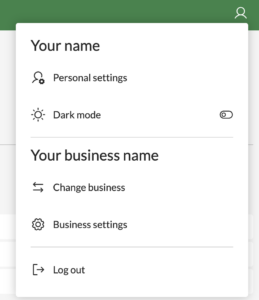 The settings menu, where you can go to personal settings, change business go to business settings, or log out