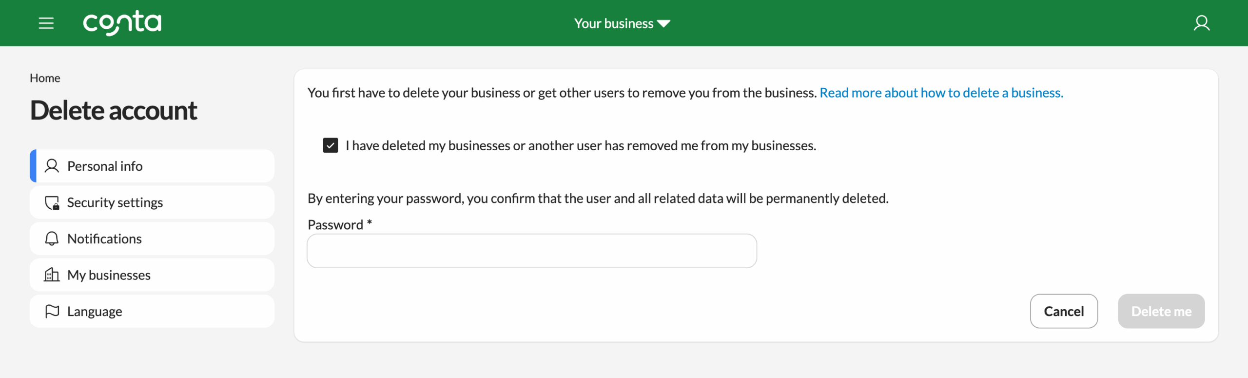 The page where you can delete your Conta account