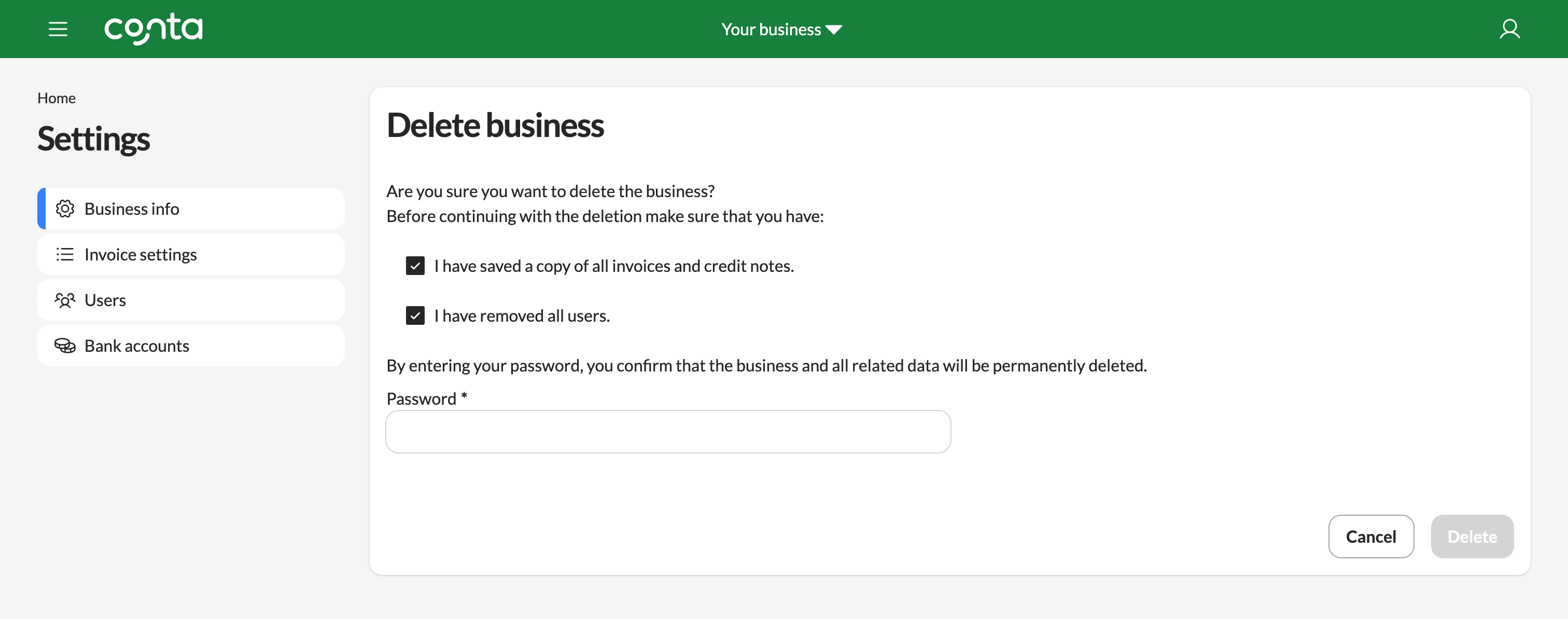 The page in your settings where you can delete your business