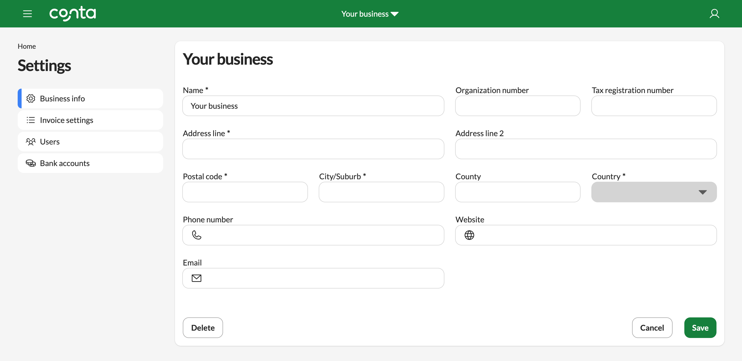 The page in Conta where you can edit your business details