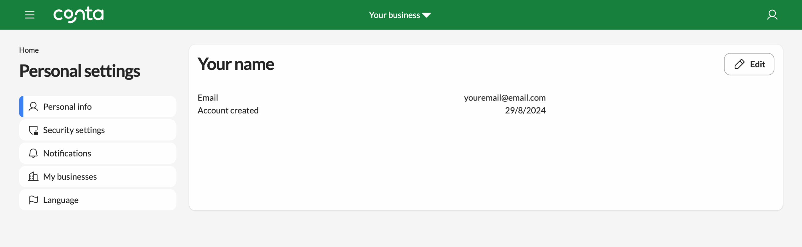 The personal settings-page where you can edit your name and email address