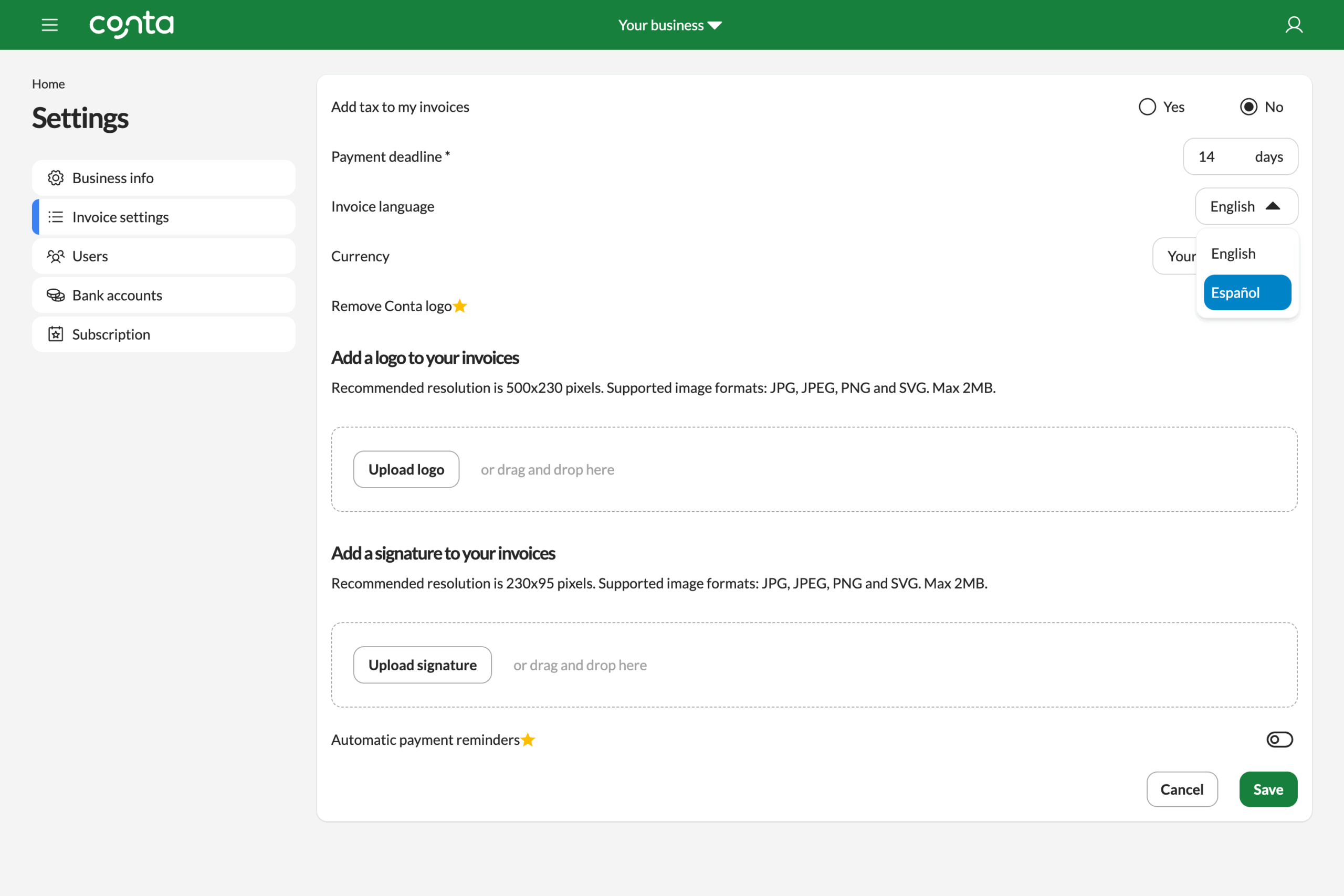 The invoice settings page in Conta where you can change the invoice language