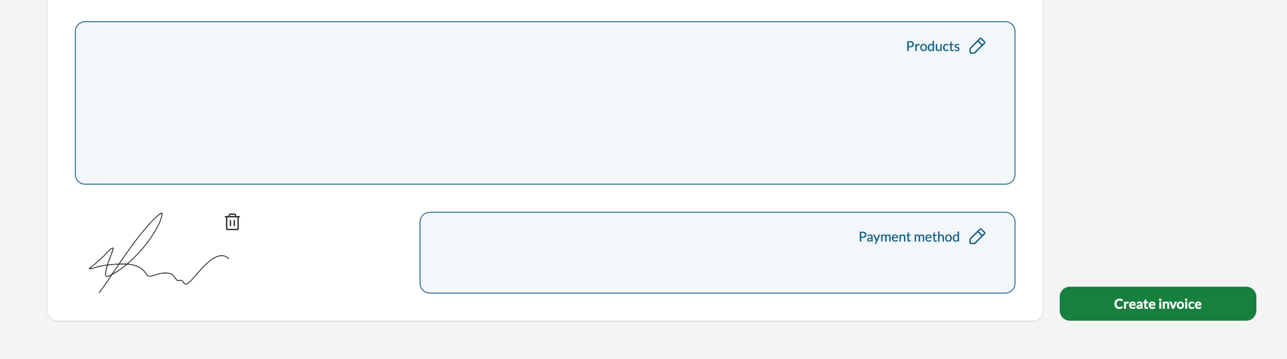 The create invoice page where you  delete your signature and upload a new one